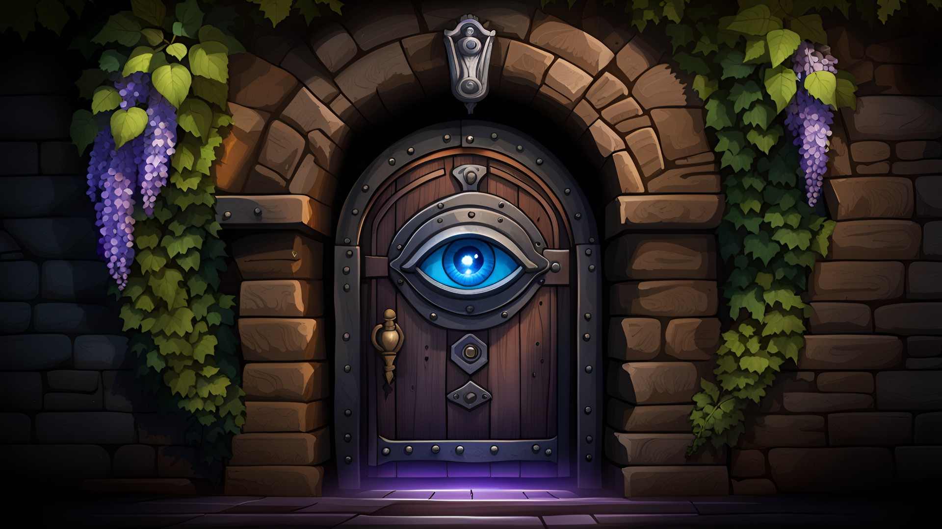 large, heavy wooden door with iron hinges and handle set in a stone wall of a wizard's tower. the wall has ivy and wisteria climbing on it. the door has a door knocker that is a realistic eye. evil eye. preview