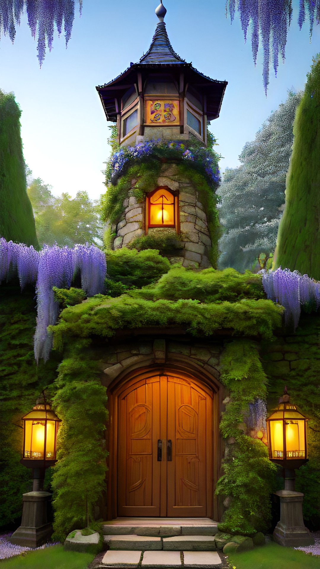 large, heavy wooden door with iron hinges and handle set in a stone wall of a wizard's tower. the wall has ivy and wisteria climbing on it. evening. lanterns and fairies glow in the dark preview