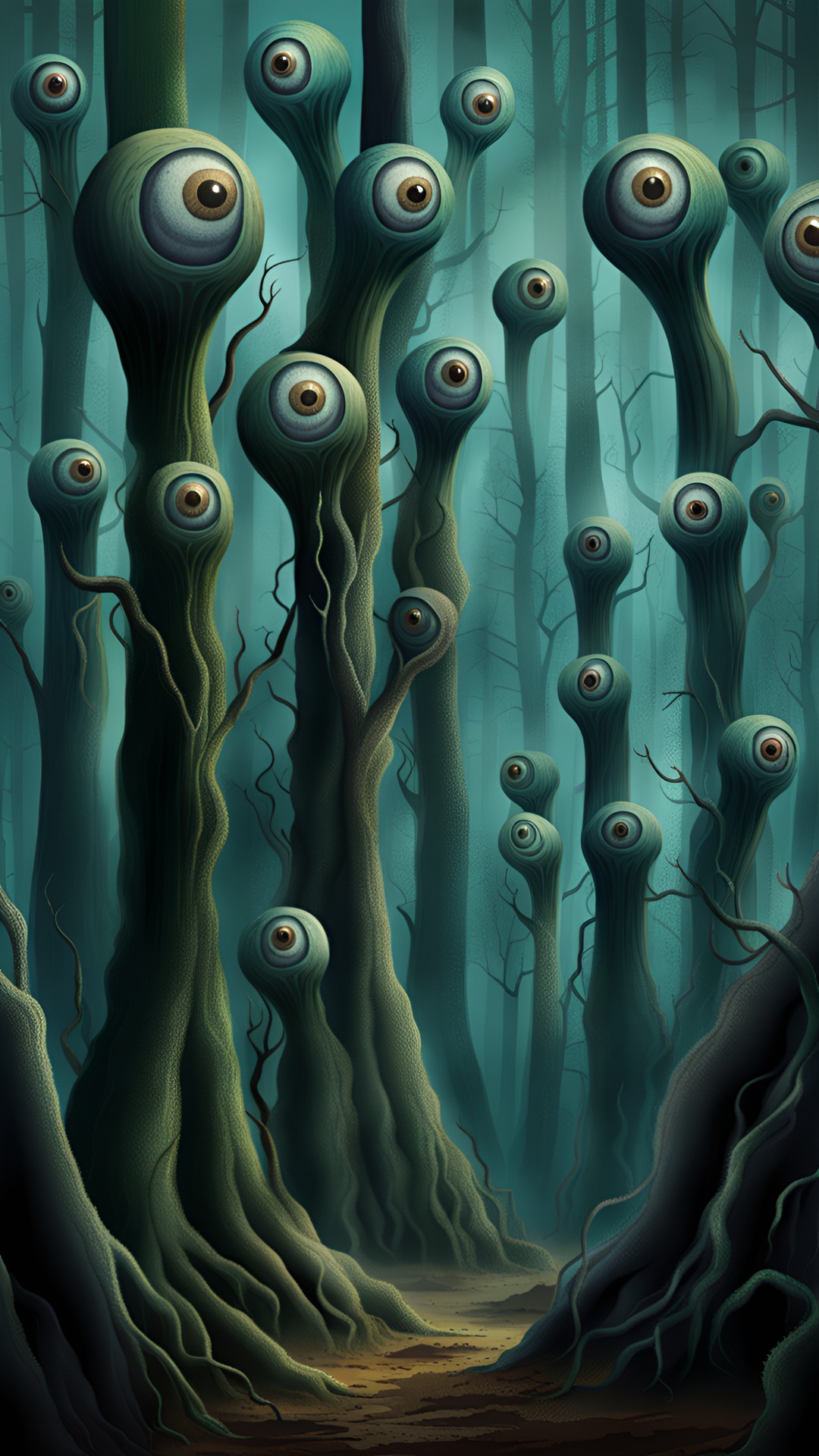 forest of eyeball trees with trunks like tentacles. disturbing and creepy. preview