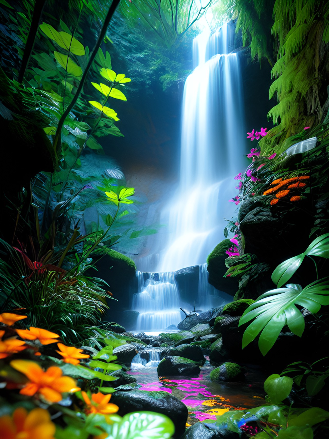 Waterfall of Life - gorgeous waterfall with bright colorful flowers in dense jungle with cataracts and mossy river rocks. silhouette of hiker, sunshine and vivid colors preview