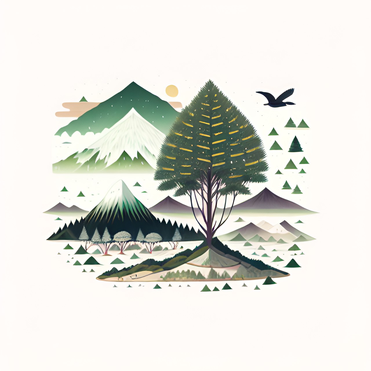 new zealand forest with bird in front , flax , ferns , snowy mountain top at the back preview