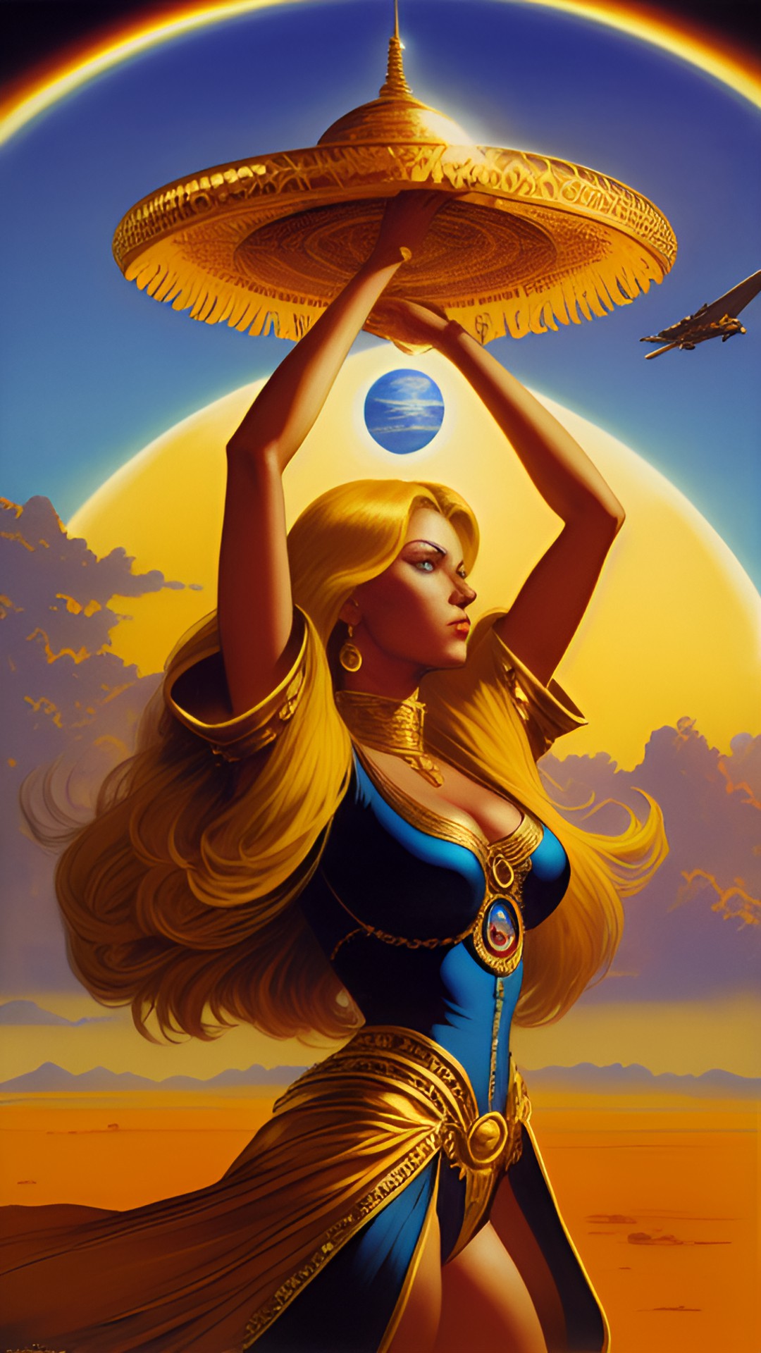 woman suspended in air wearing all gold with gold hair and bronze sun kissed skin blue eyes and long lashes with her arms out. the sun is right behind her preview