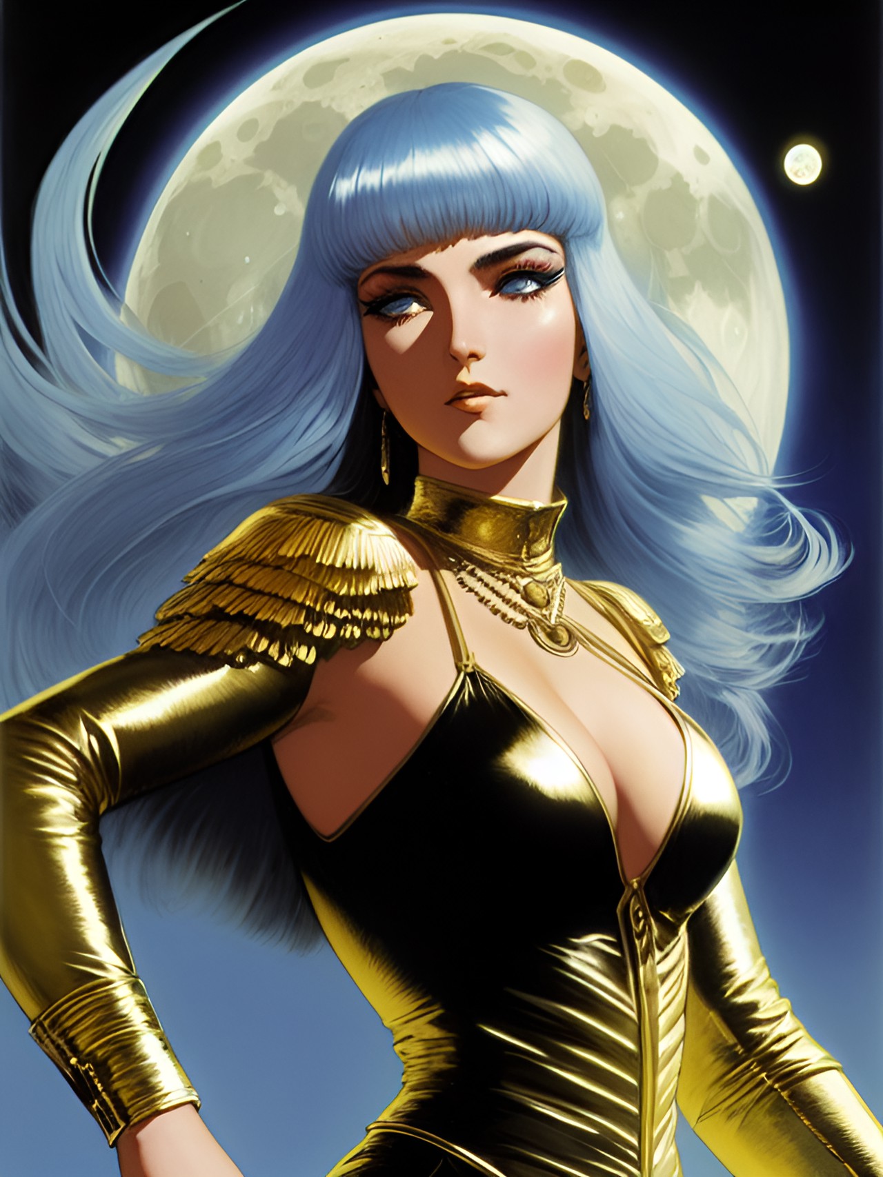 woman dancing to the moon with gold silver hair and fair skin wearing black. soft face and light blue eyes preview