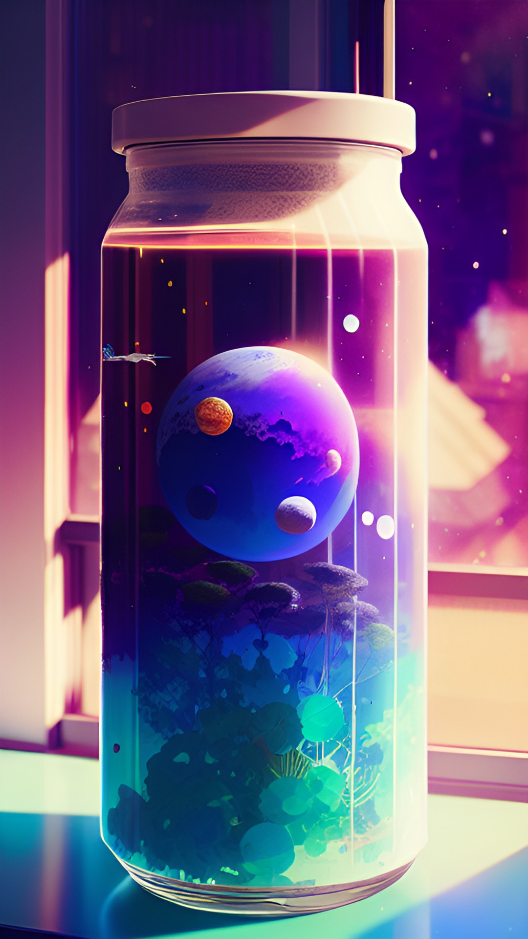 Planetary Juice - jar full of planets on a windowsill with sunlight. preview