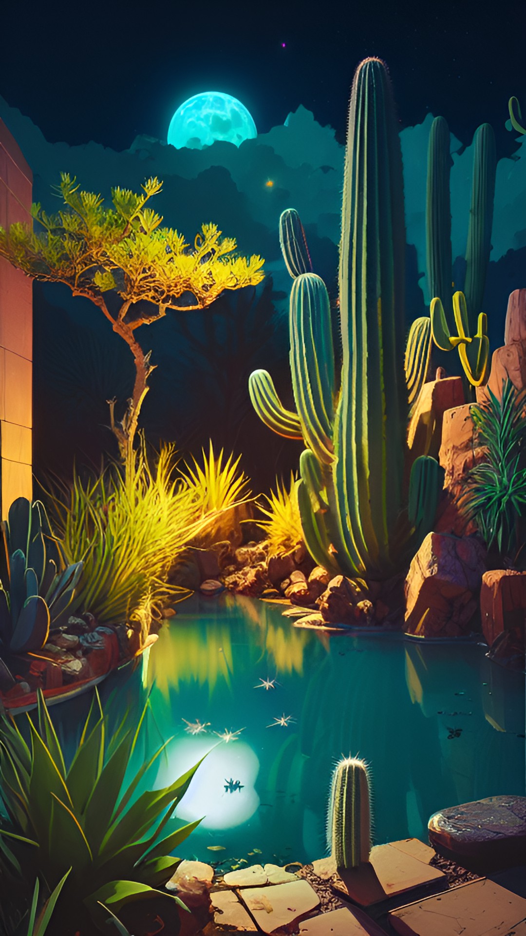 Southwest Patio - lush cactus oasis in the moonlight. glistening water. preview