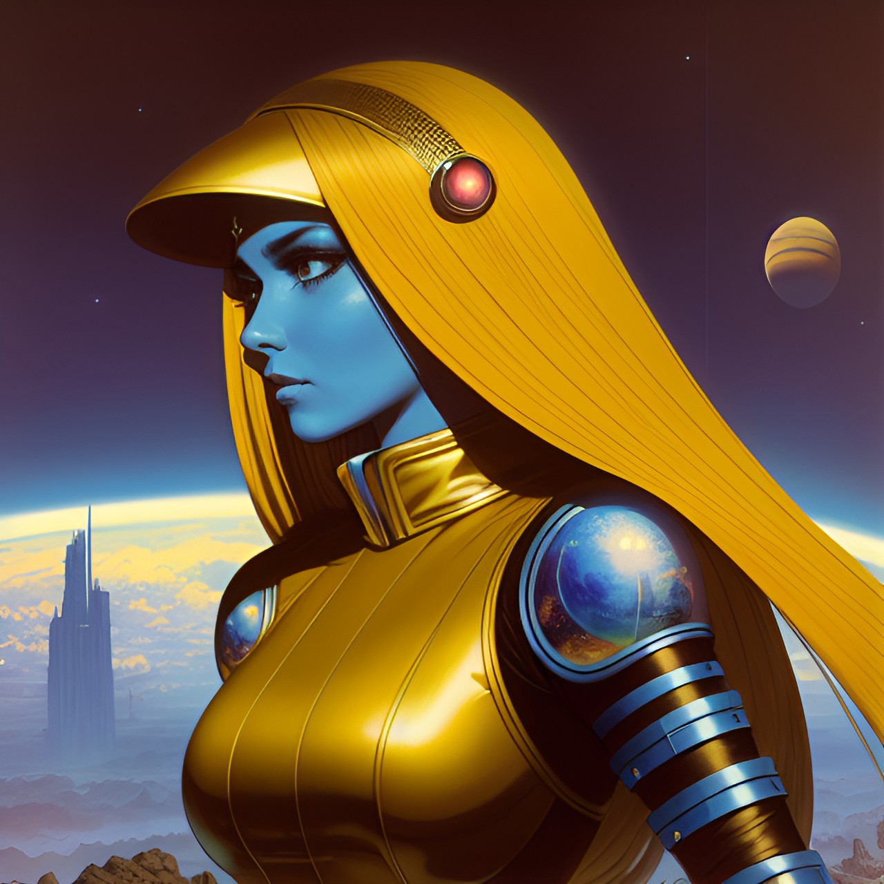 saturn woman with rings around her head and wrists. yellow brown clothing with brown eyes and blond hair preview