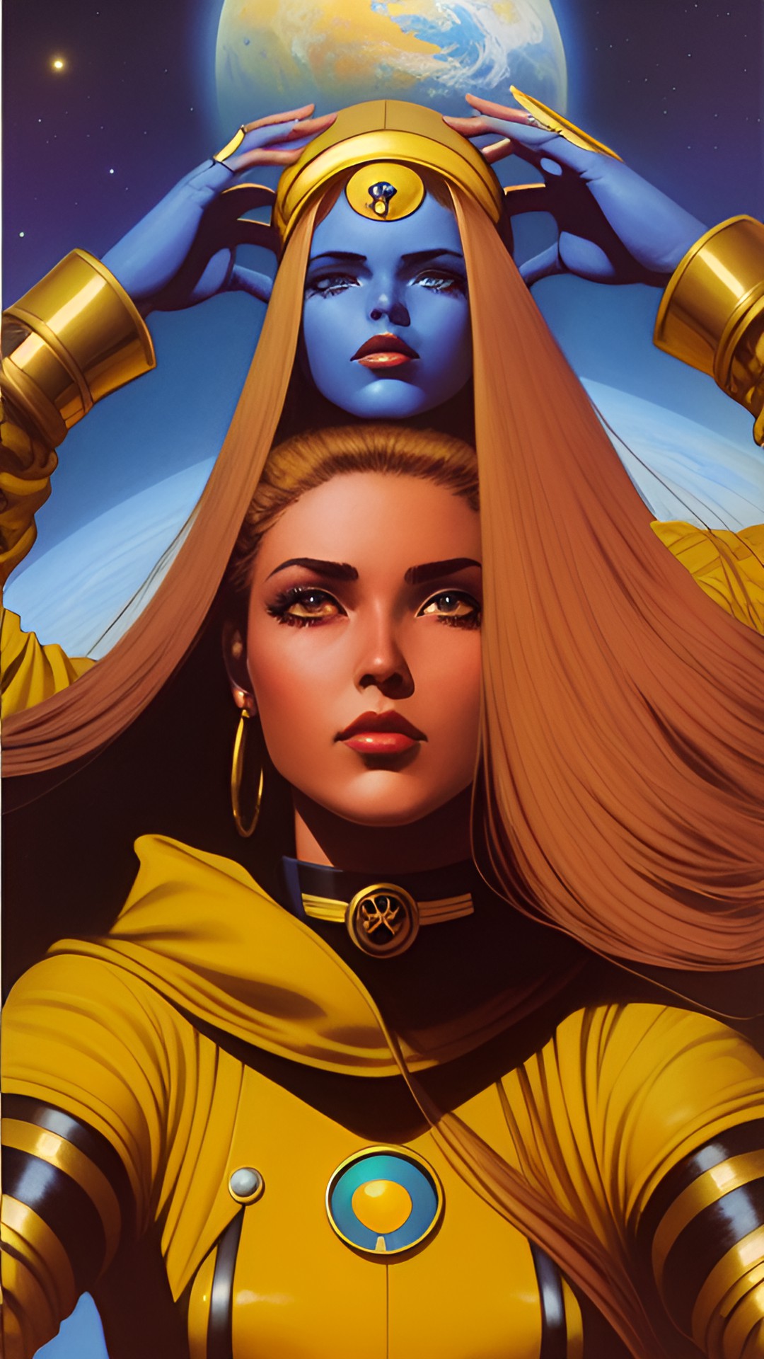 saturn woman with rings around her head and wrists. yellow brown clothing with brown eyes and blond hair preview