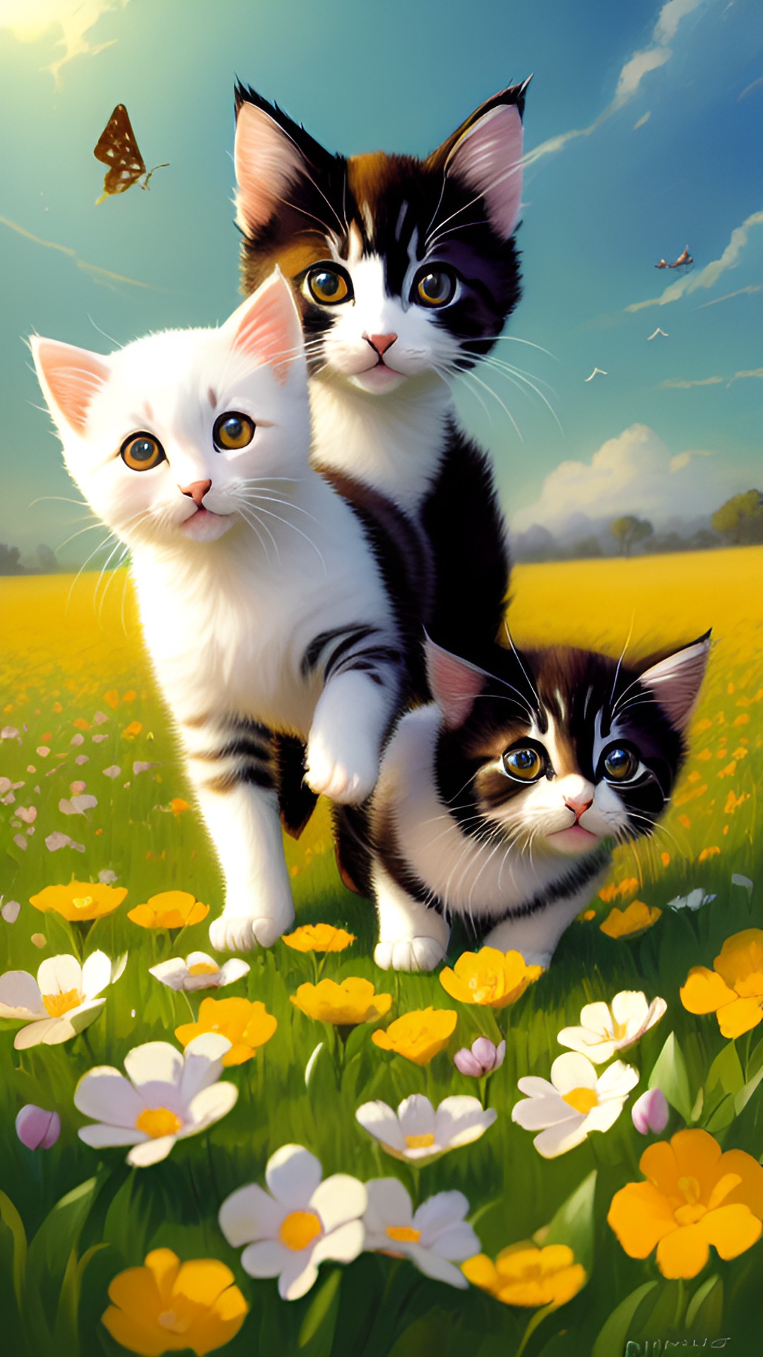 close up of kittens playing in a flower field preview