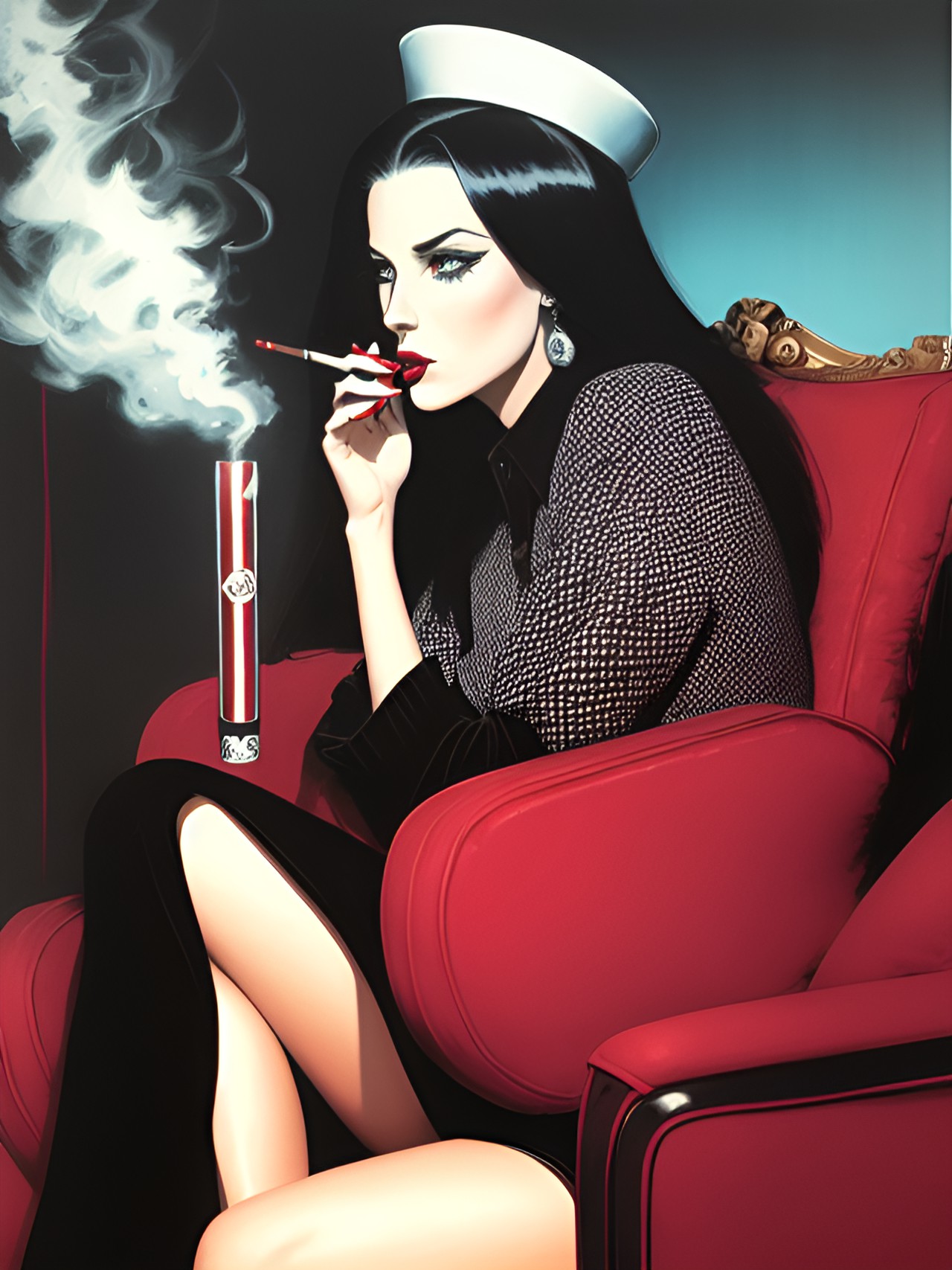 woman wearing black and white patterns sitting in a red velvet chair smoking a cigarette. red lips and heavy eye makeup preview