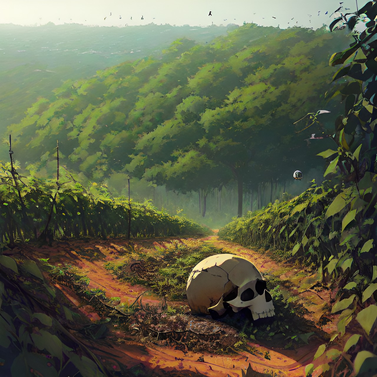 memento mori, skull lying on its side half-buried in the dirt and scattered bones, overgrown in vines and vegetation, a few insects lingering preview