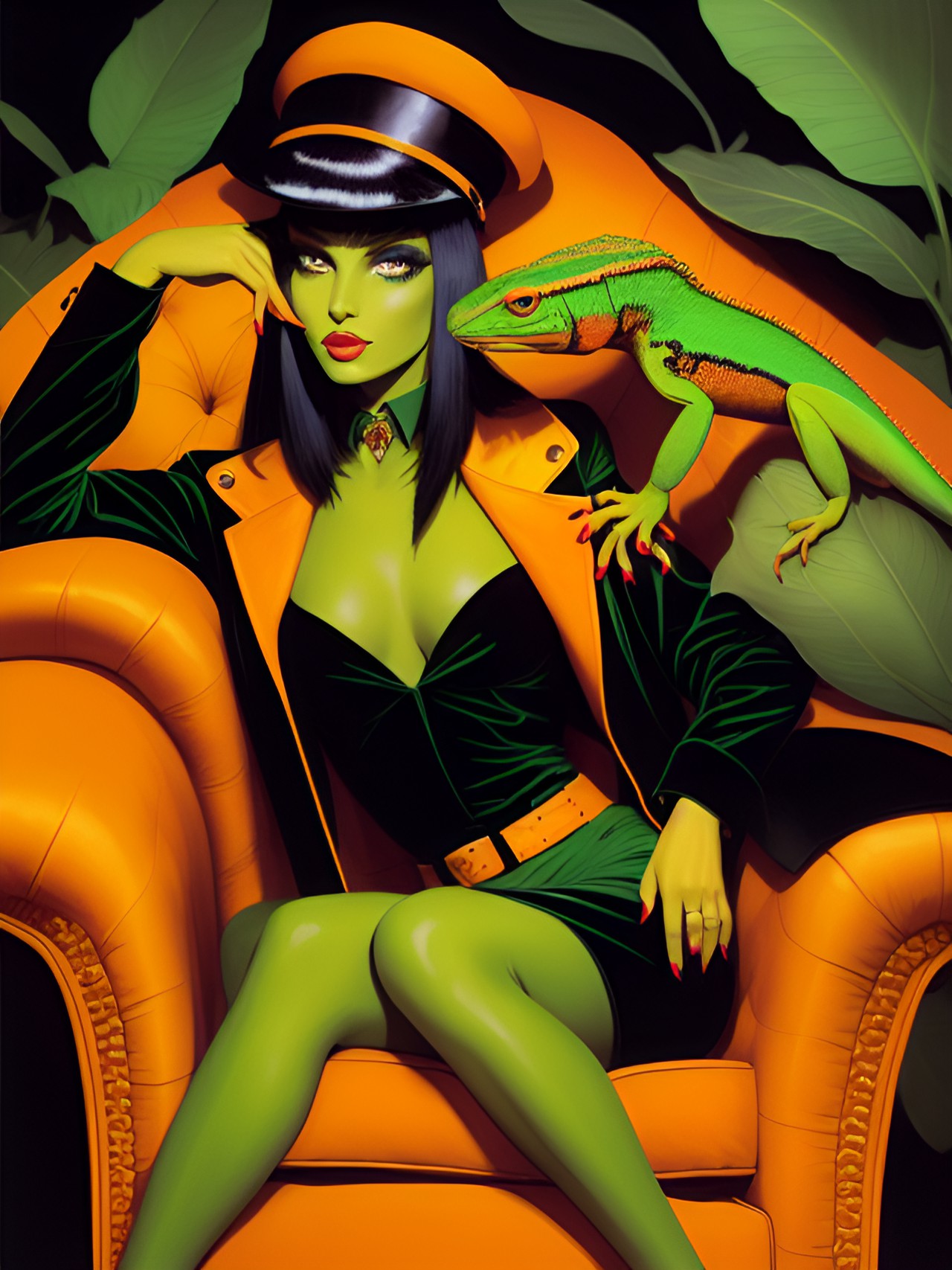 woman wearing green print clothing with orange bob red lipstick and long black eyelashes sitting in a velvet green chair holding an orange lizard preview