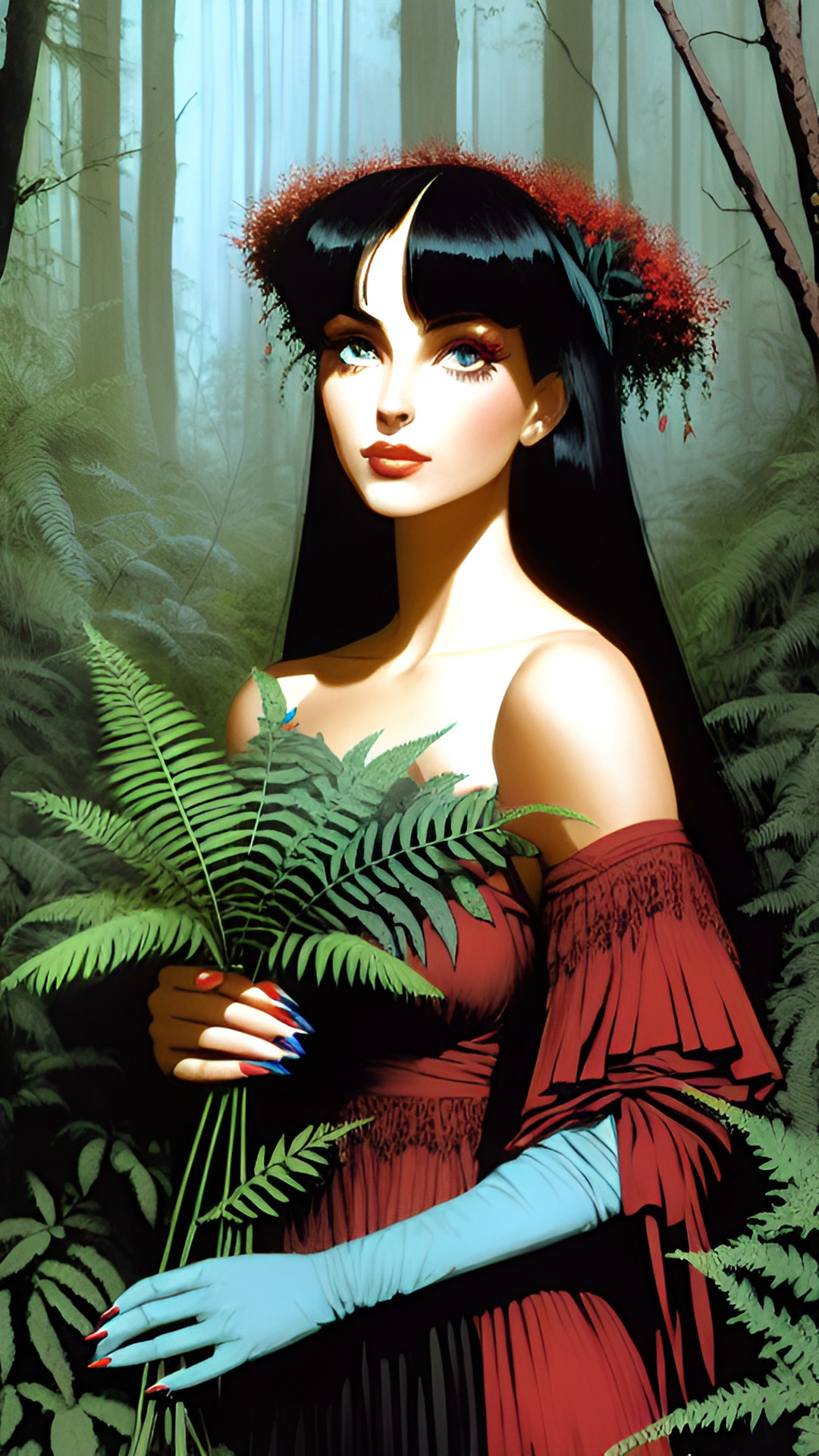 woman in the forest wearing black and white. light blue doe eyes holding a bouquet of ferns. wearing red nail polish preview