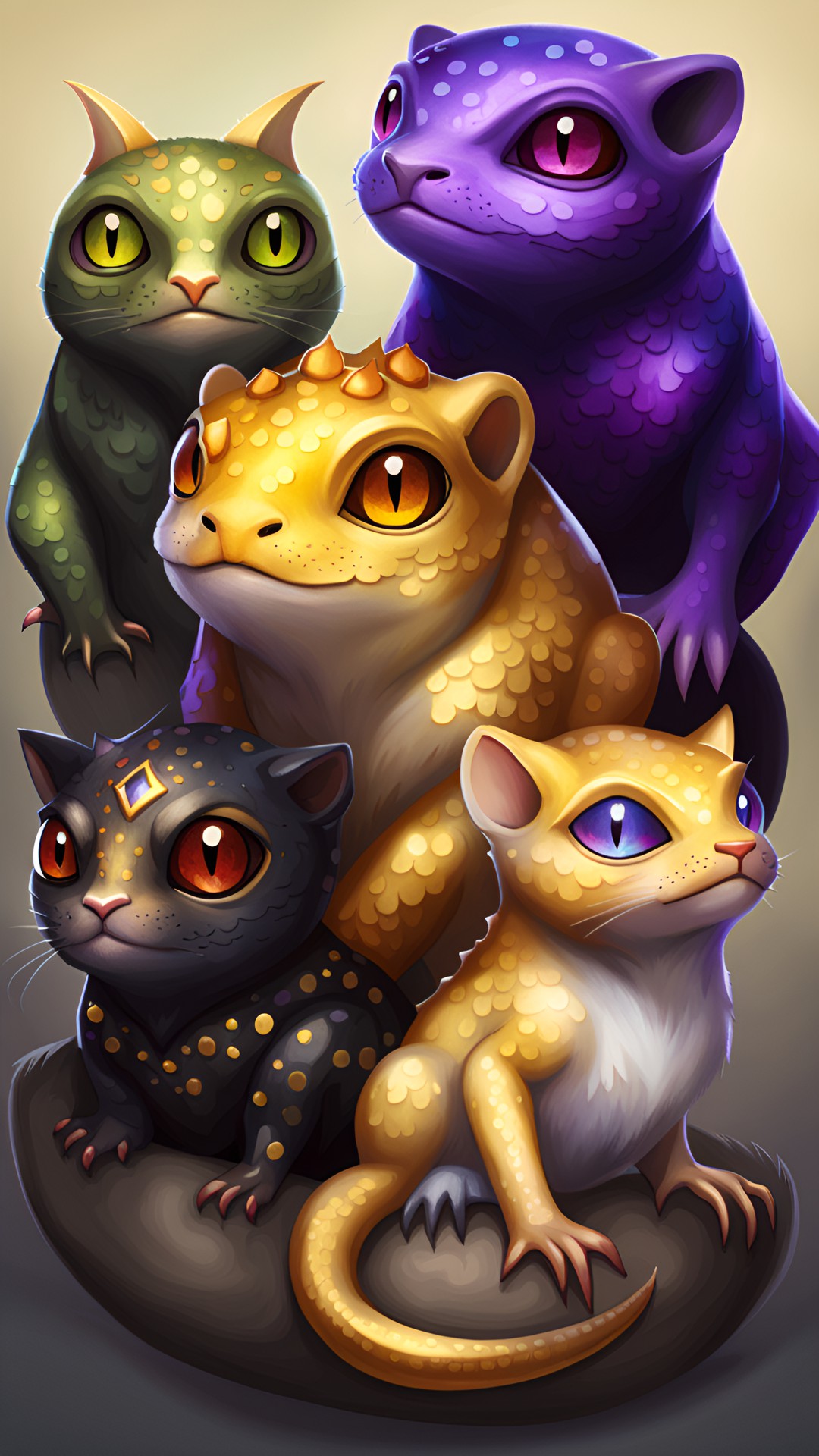 starter familiars for new witches: shiny golden toad with ruby eyes, wise black cat, and iridescent purple dragon with magical gem. preview