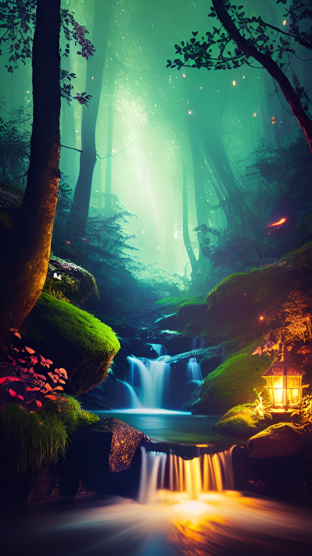 enchanted forest with glowing fireflies and a babbling brook, surrounded by towering trees and shrouded in mist, magical, ethereal, dreamlike, stylized preview