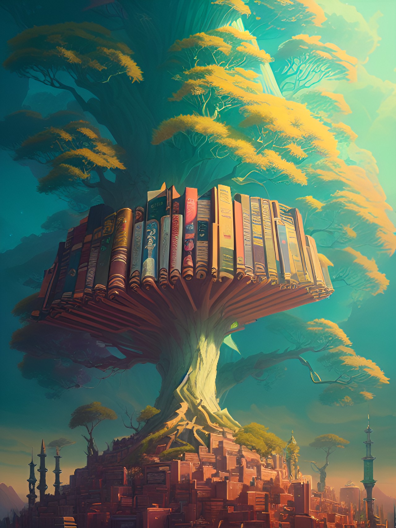 Tree of Knowledge - book tree on top of book mountain preview