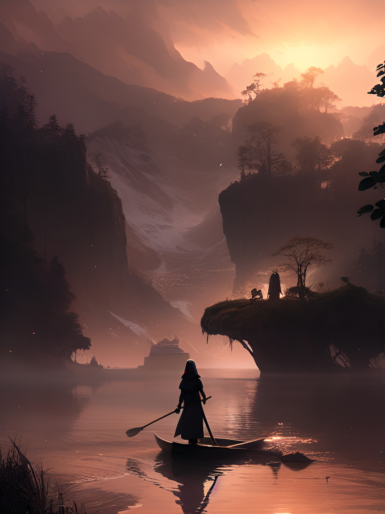 Yangtze River @ Dawn - the fisherwoman at dawn on misty lake standing on raft preview