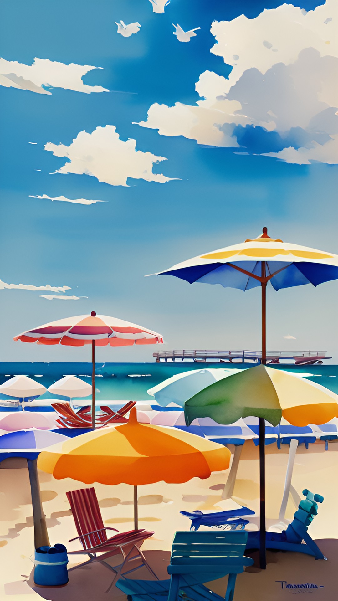 At theBeach(Waterc2) - beach
beachlife 
chairs and umbrellas
little waves
white clouds 
wooden boats
sunshine
seagulls
happy people preview