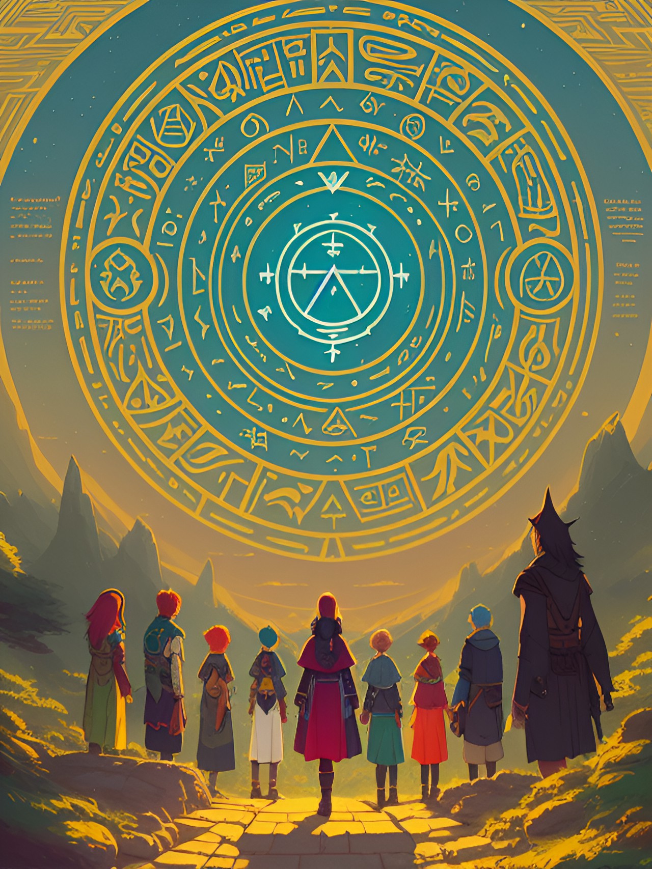 mystical portrait of a small group of adventurers, fantasy archetypes humans and elves, runic glyphs and ritual instructions preview