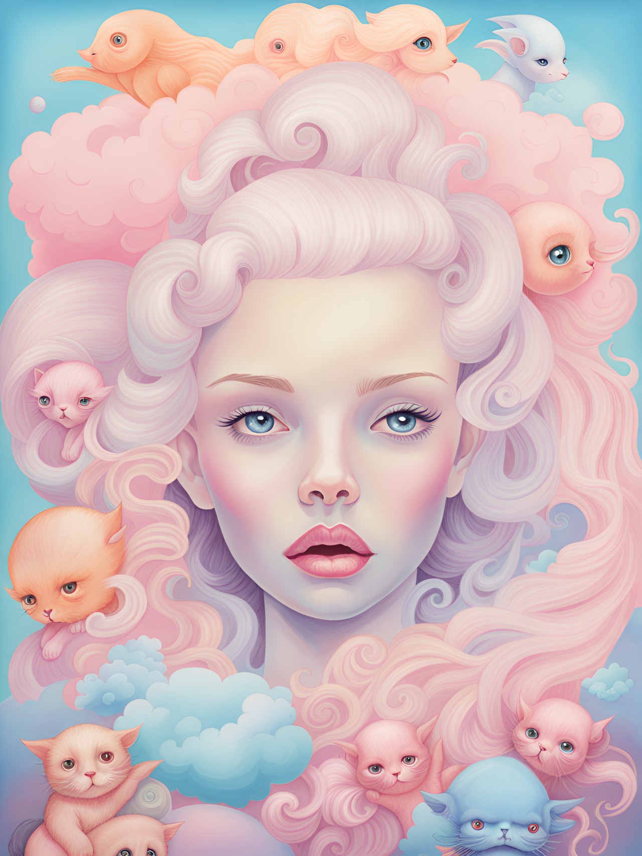 kim basinger, cloudcore aesthetic, dreamlike, weird, surreal, creepy cute, pop culture references, colorful pastel, doll-like, maximalist art, eroded metal, glowing lights, glowing eyes , trevor brown, audrey kawasaki, mark ryden, miss van, natalie shau, contemporary art, detailed, focus, preview