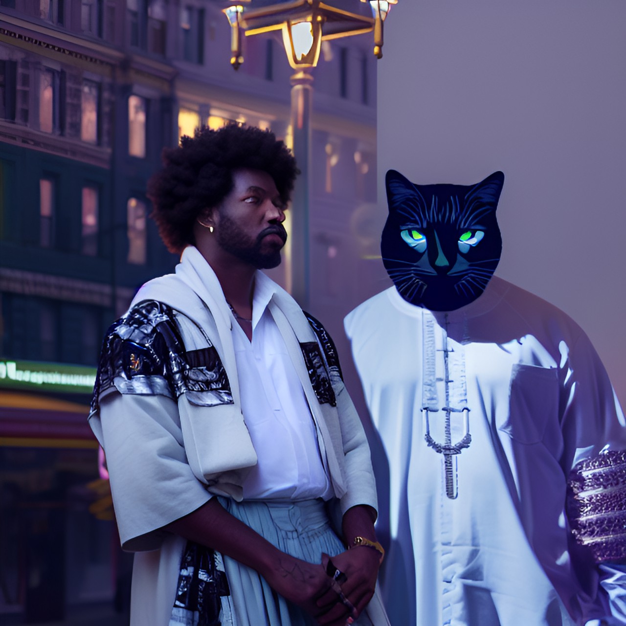 Black and Cat Bisop - black zaddy african american with salt and pepper hair emperor king with a shadow lighting cat beside him looking cool and epic in 4k preview