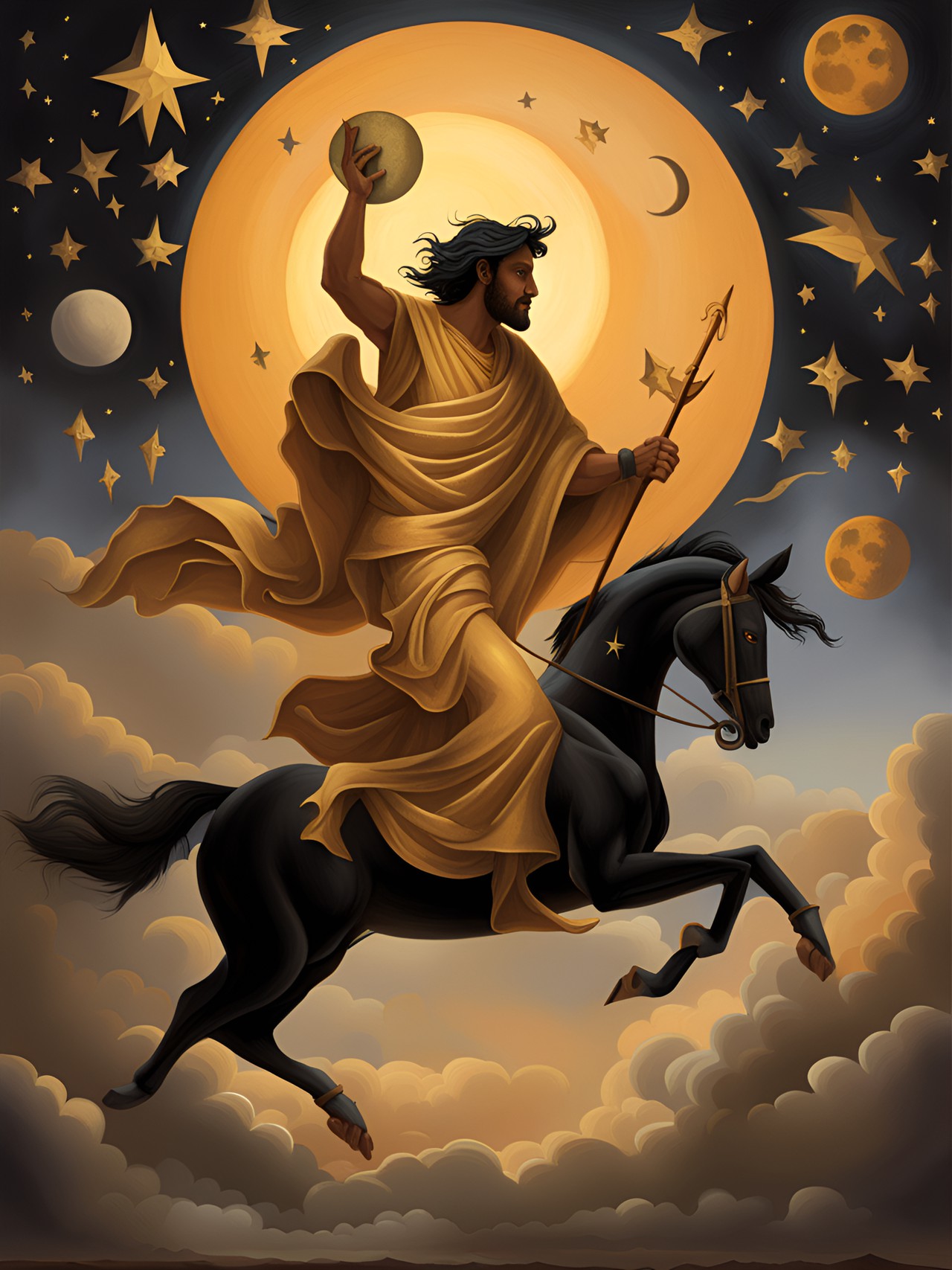 a dynamic scene: mercury, the messenger god, races through a twilight sky, carrying messages of wisdom and adaptability. amid the celestial hues, a shadowy figure representing judas lurks in the background, a subtle depiction of betrayal. the sun, moon, and stars shine both as symbols of creation's wonder and the coming events of holy week preview