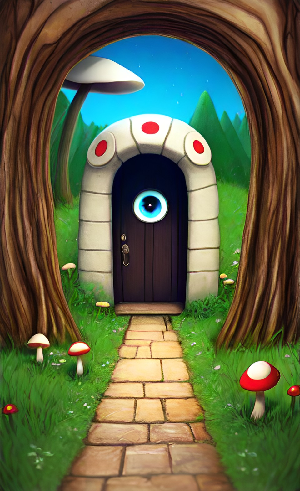 a unrealistic mushroom with eyes and a pathway leading to a void like doorway preview