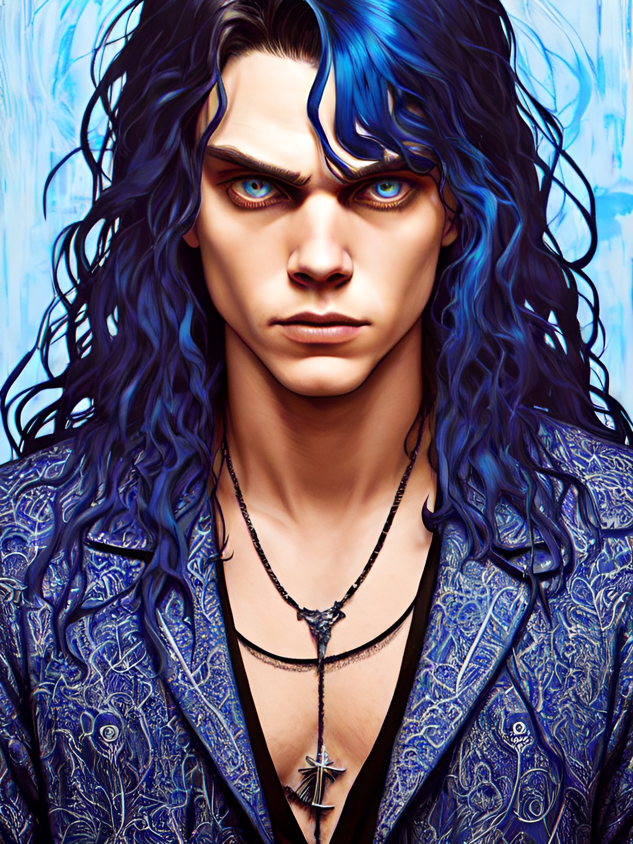 kai anderson from american horror story cult evan peters with blue longhair, brown deep eyes and a blue suit on, looking like a crazy cult leader crazy in black eyes preview