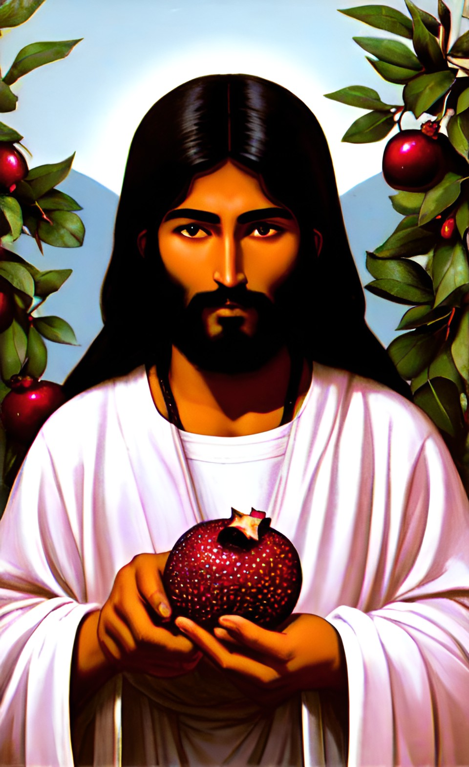 dark complexion jesus eating a pomegranate preview