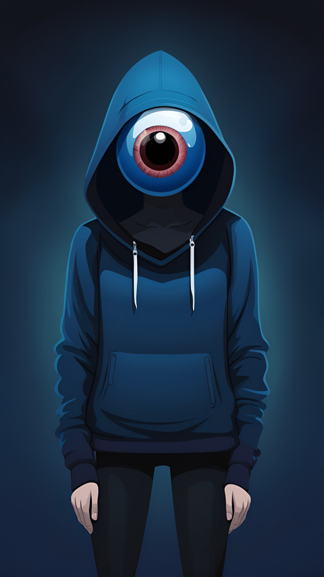 a woman with floating eyeball instead of head in dark blue hoodie preview