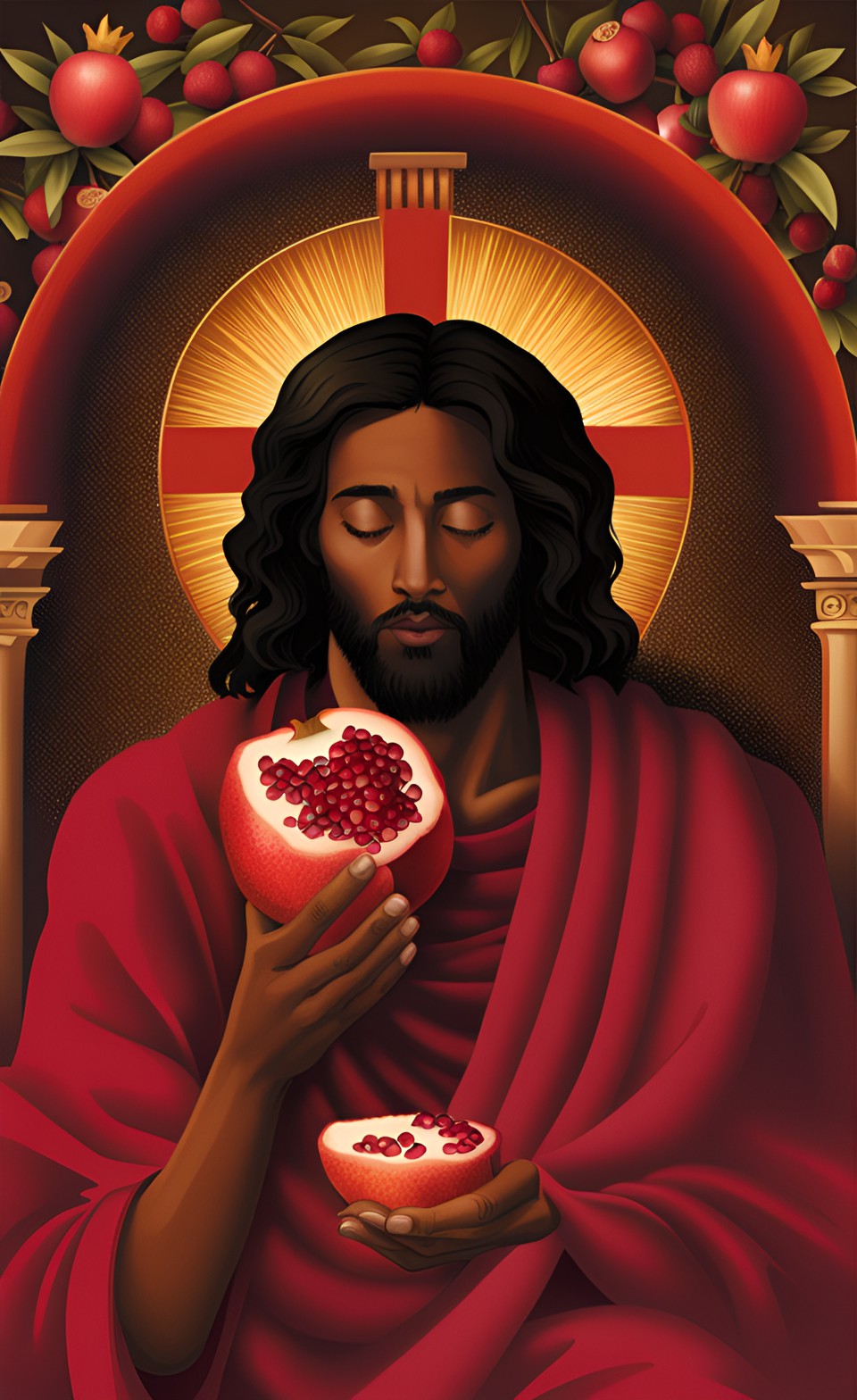 dark complexion jesus eating a pomegranate preview