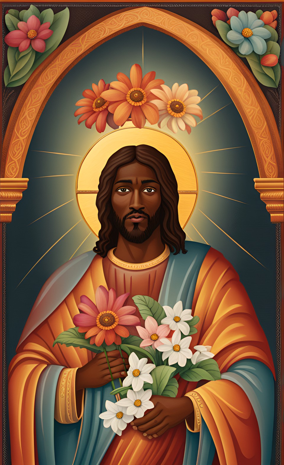 dark complexion jesus holding a flower preview