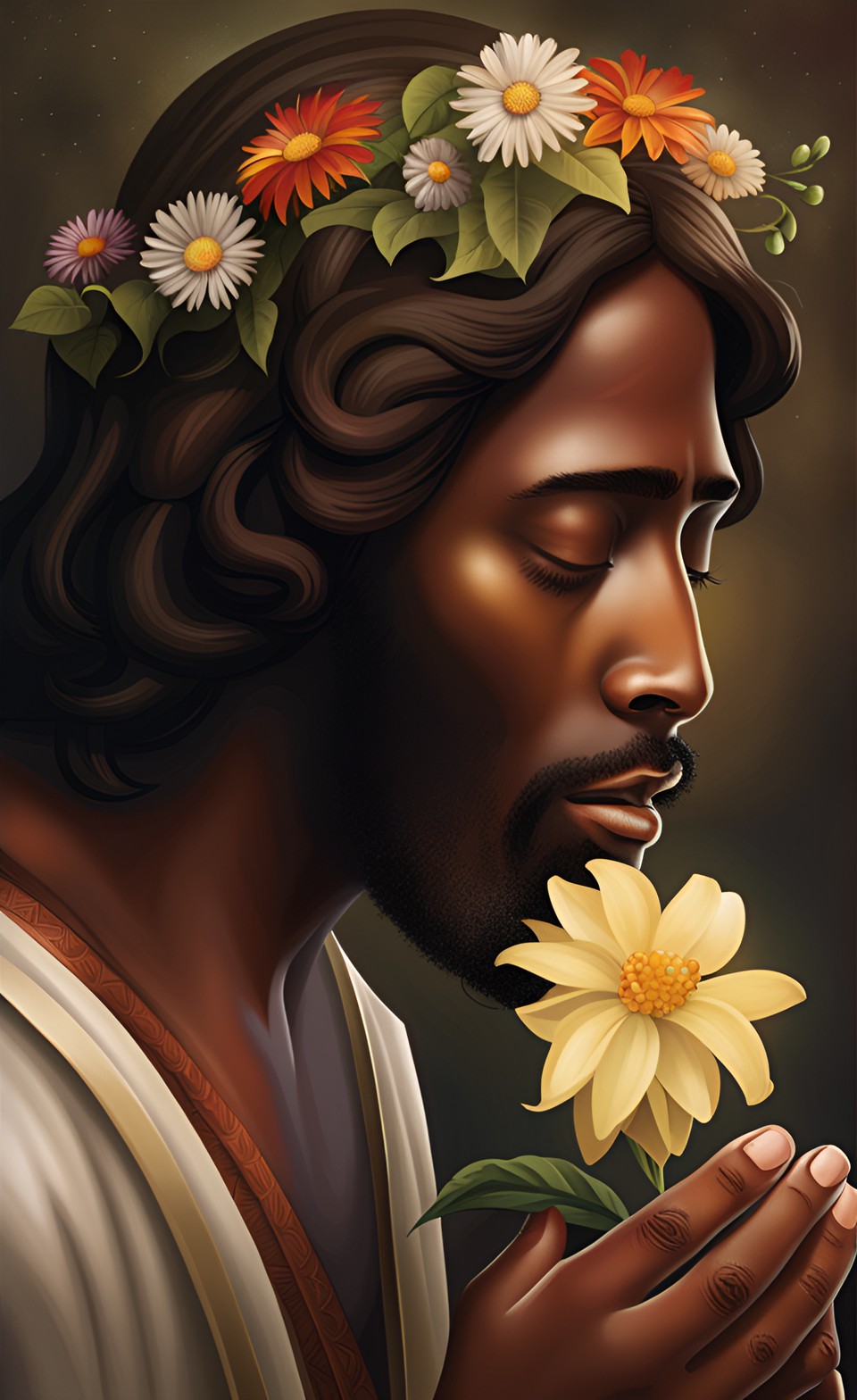 dark complexion jesus smelling a flower preview