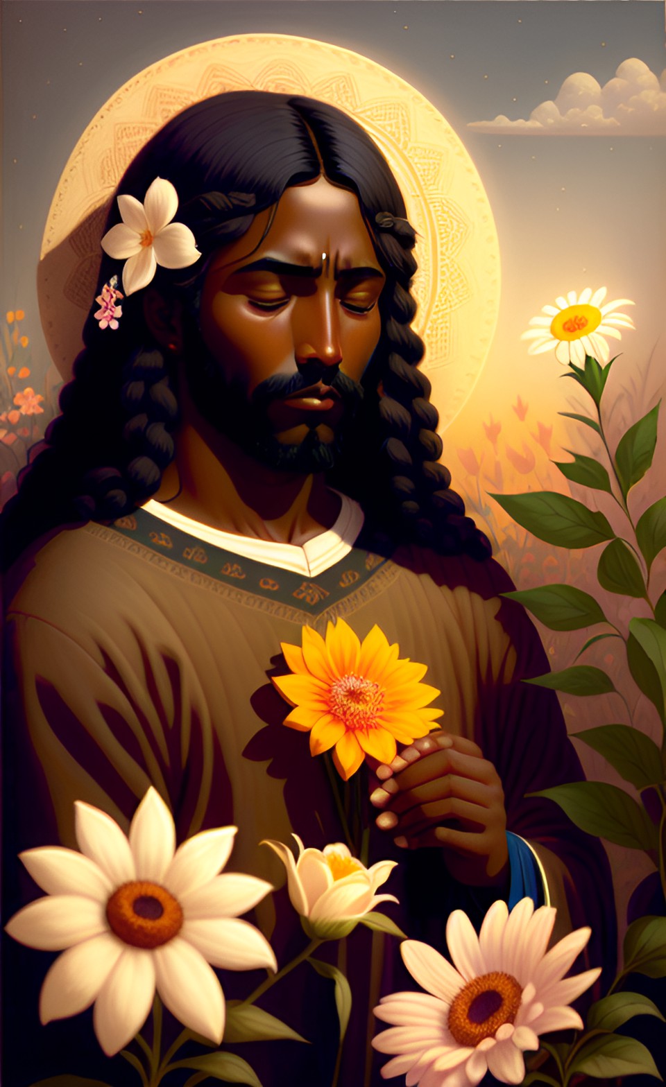 dark complexion jesus smelling a flower preview