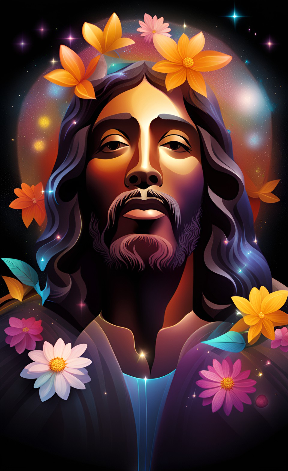 dark complexion jesus with flowers in his hair. preview