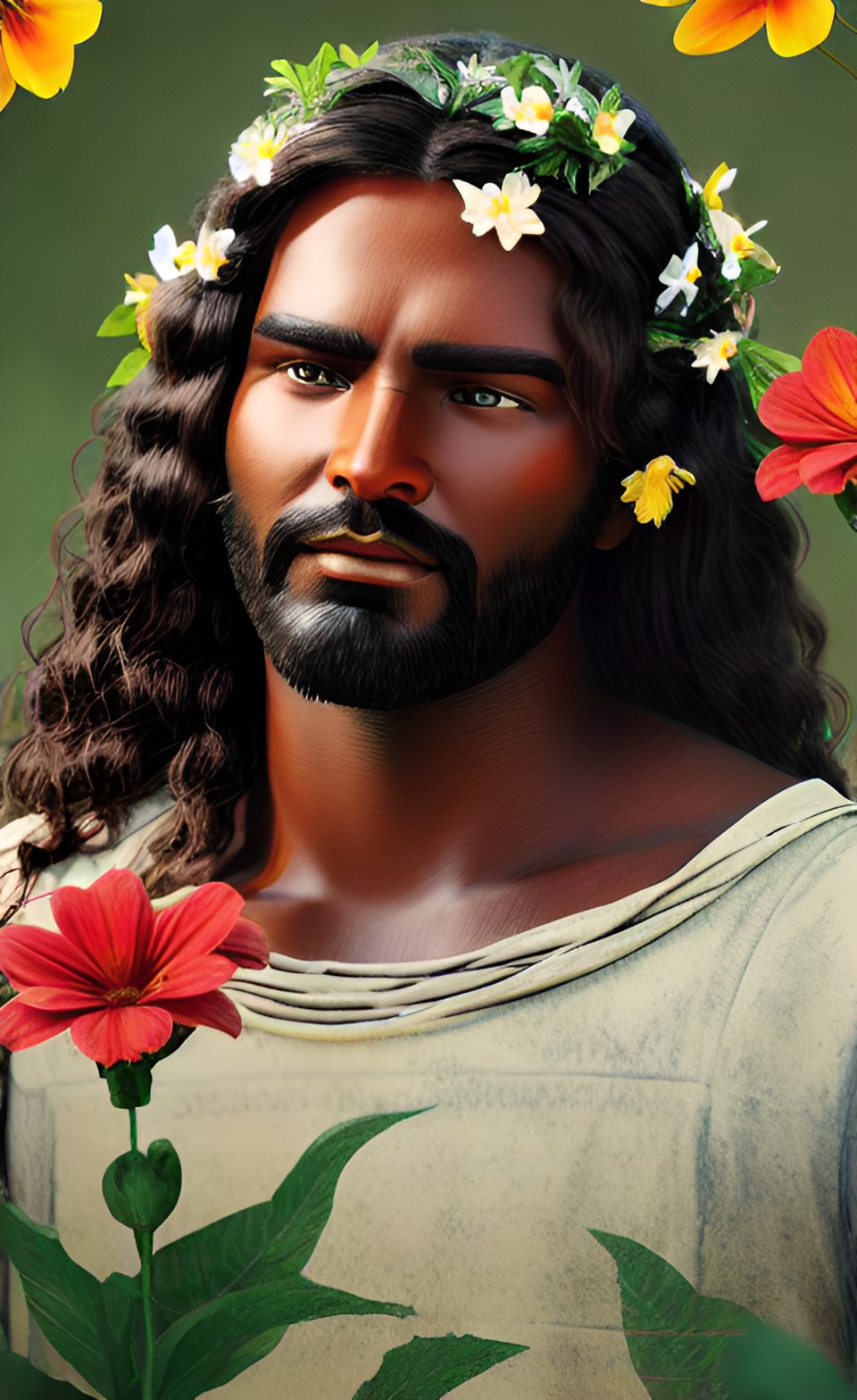 dark complexion jesus with flowers in his hair. preview