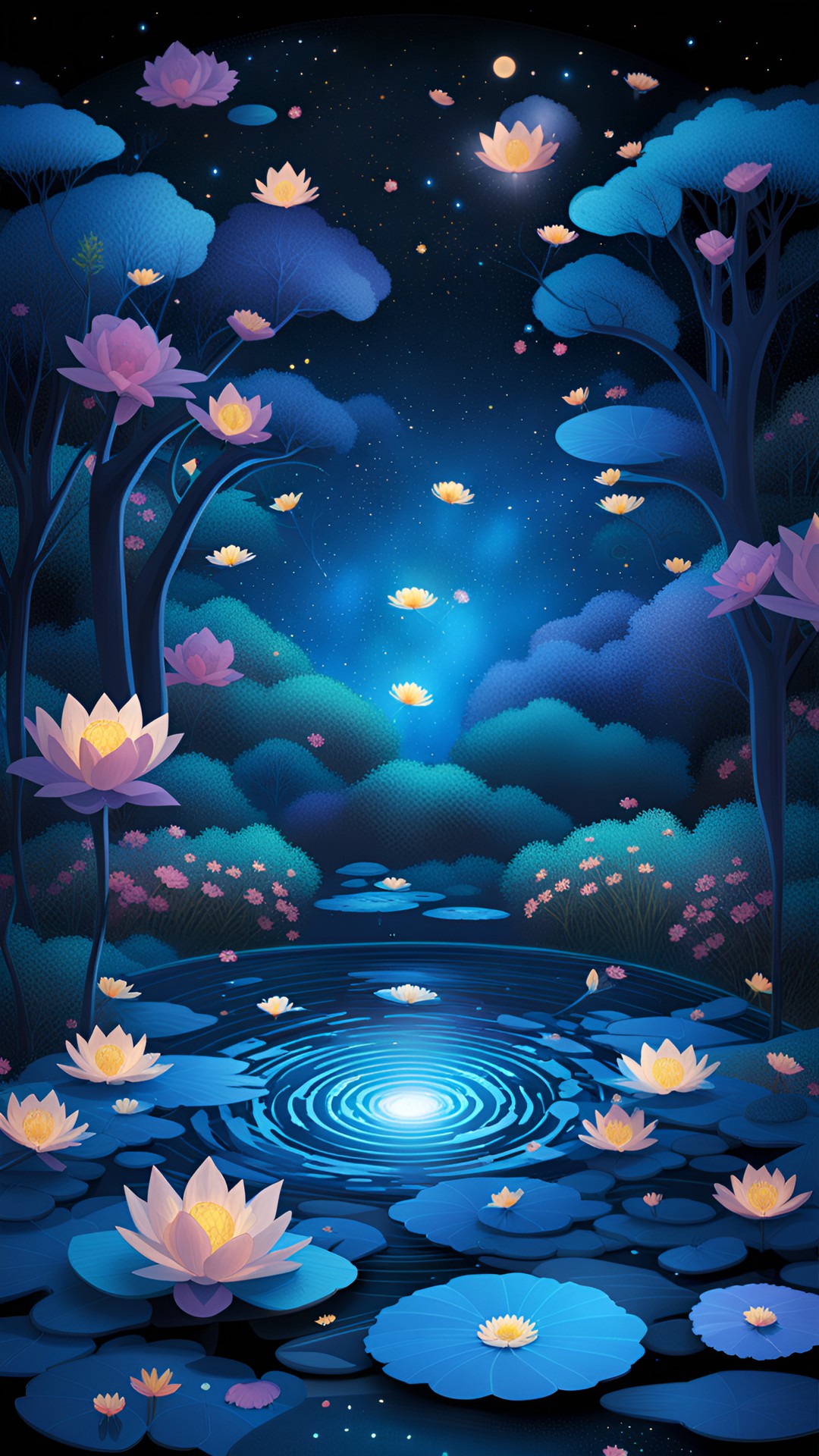 moonlit pond surrounded by blue trees and flower petals preview