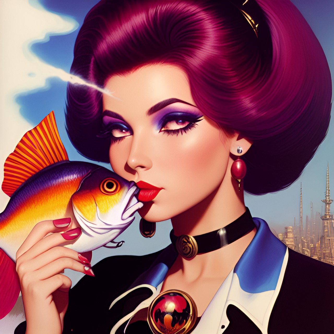 woman with multicolored hair and black and white shirt holding a fish bowl with a gold fish inside. dark burgundy lips and long lashes with a cigarette in her mouth preview