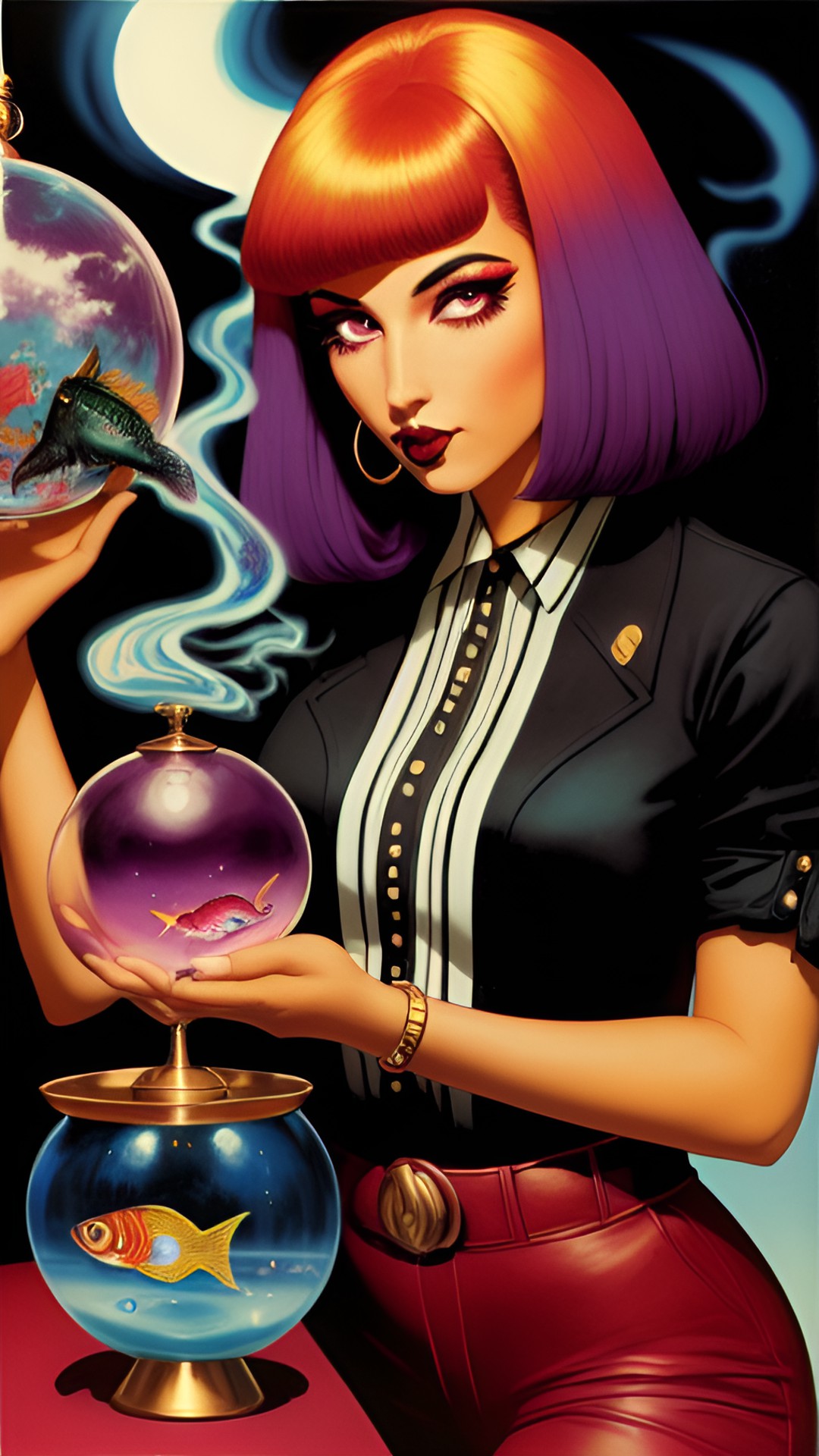 woman with multicolored hair and black and white shirt holding a fish bowl with a gold fish inside. dark burgundy lips and long lashes with a cigarette in her mouth preview