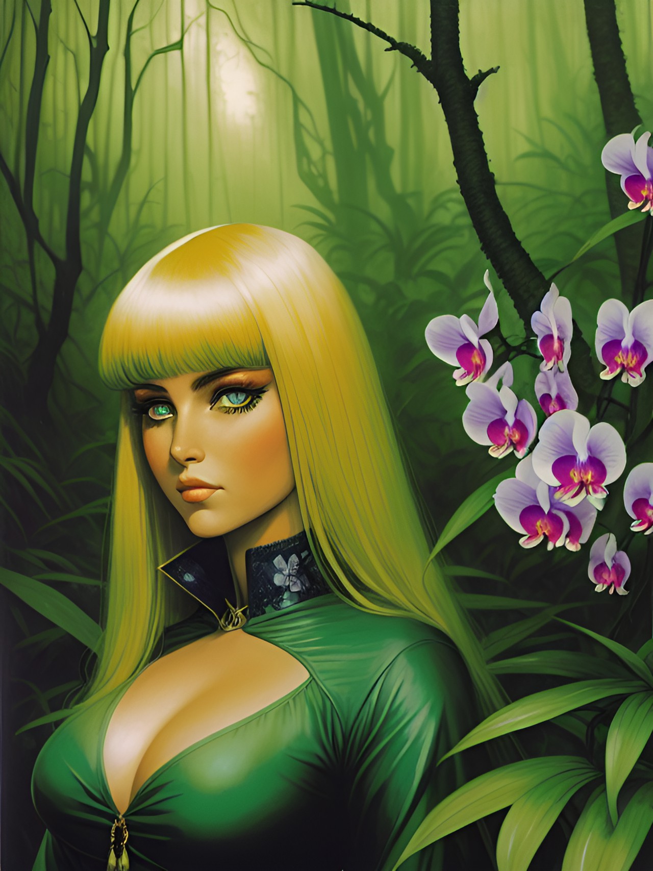 woman in a pine forest wearing all green with blonde hair and septum piercing and green eyes. heavy eyeliner holding irises and orchids preview