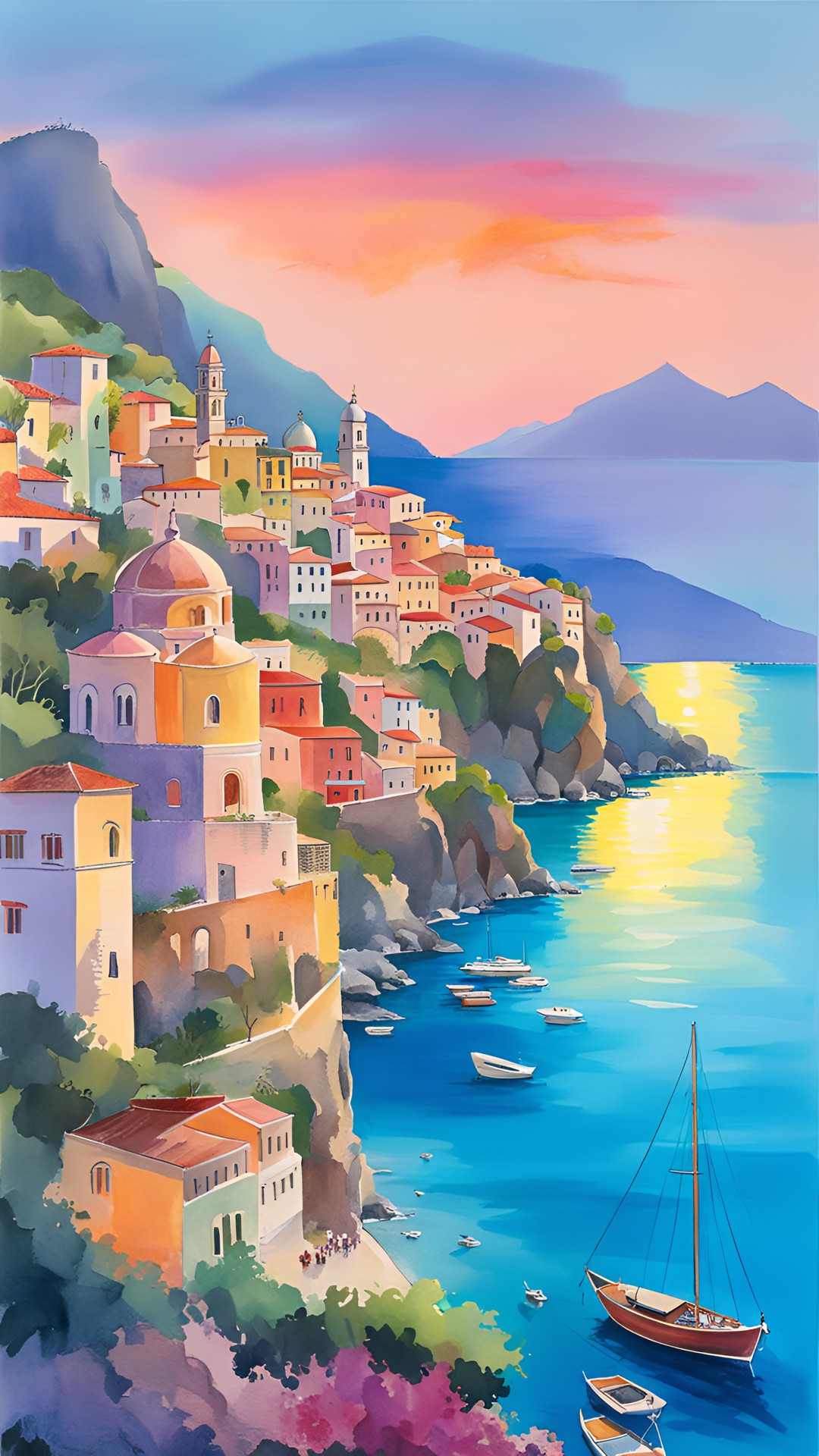 italian oceanside town amalfi at sunset , small mountains landscape summer, a few churches, markets, fishing boats, hyperrealism, realistic lighting, highly detailed, 8k preview