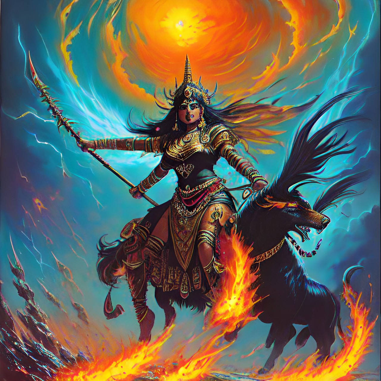 a wrathful, indian goddess, with flames and lightning swirling around her as she roars at her enemies preview