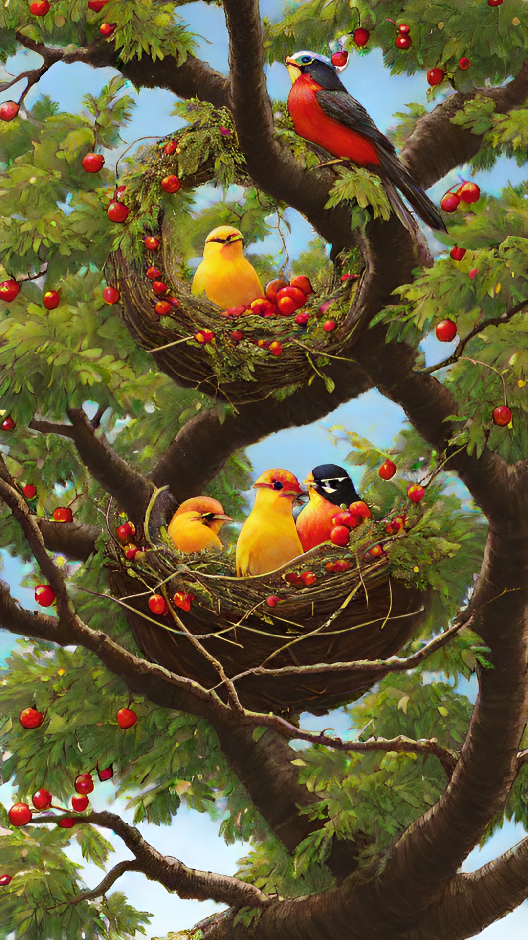 two birds nesting, trees , fruit , snake preview