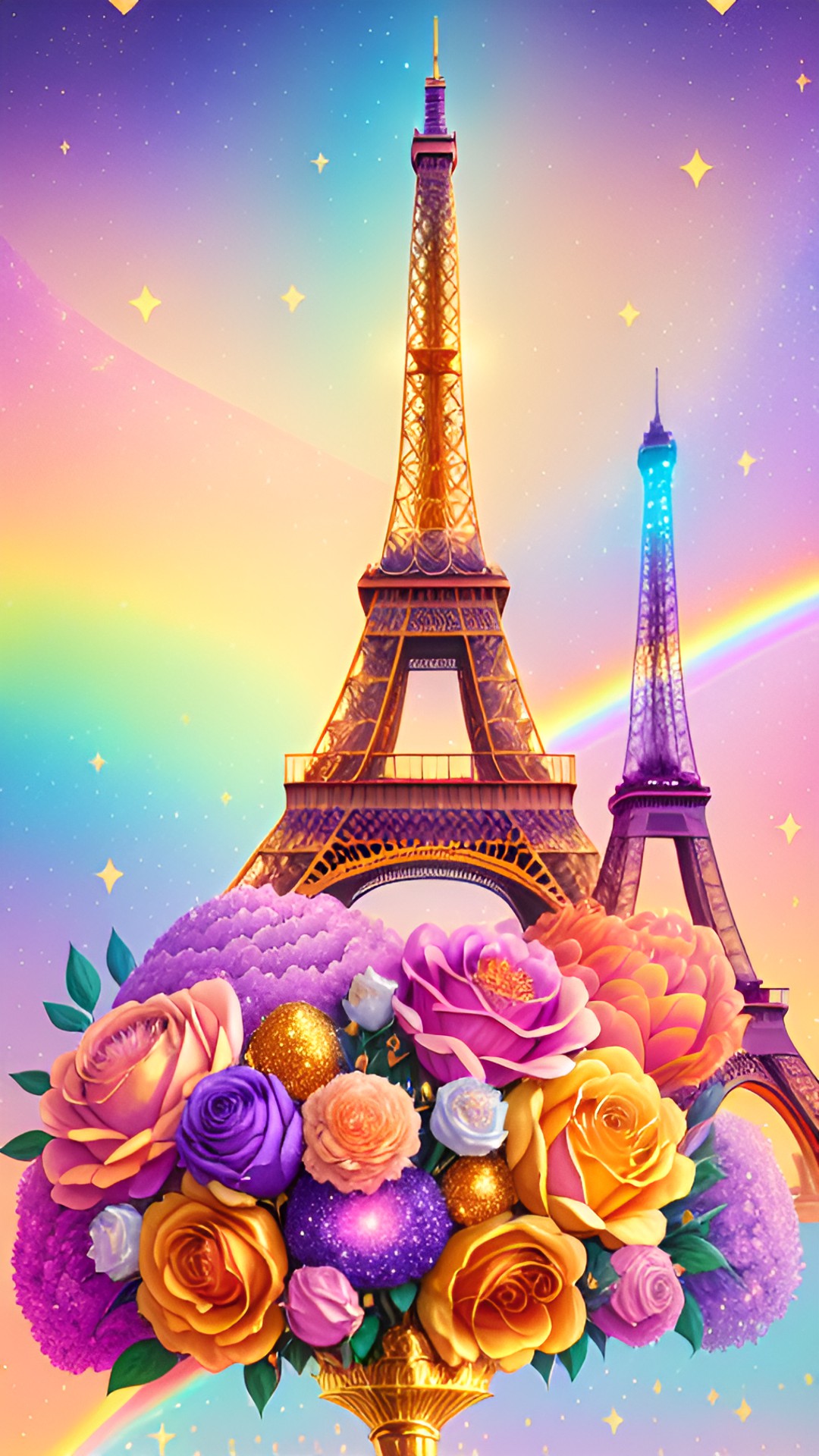 Roses and Eiffel 3 - sparkling golden paris full of gold, pink, purple, red and orange diamonds, flowers, roses and peonies with eiffel tower full of rainbow diamonds with rose gold, gold, blue and crimson marbled sky full of golden stars and rainbow galaxy. preview