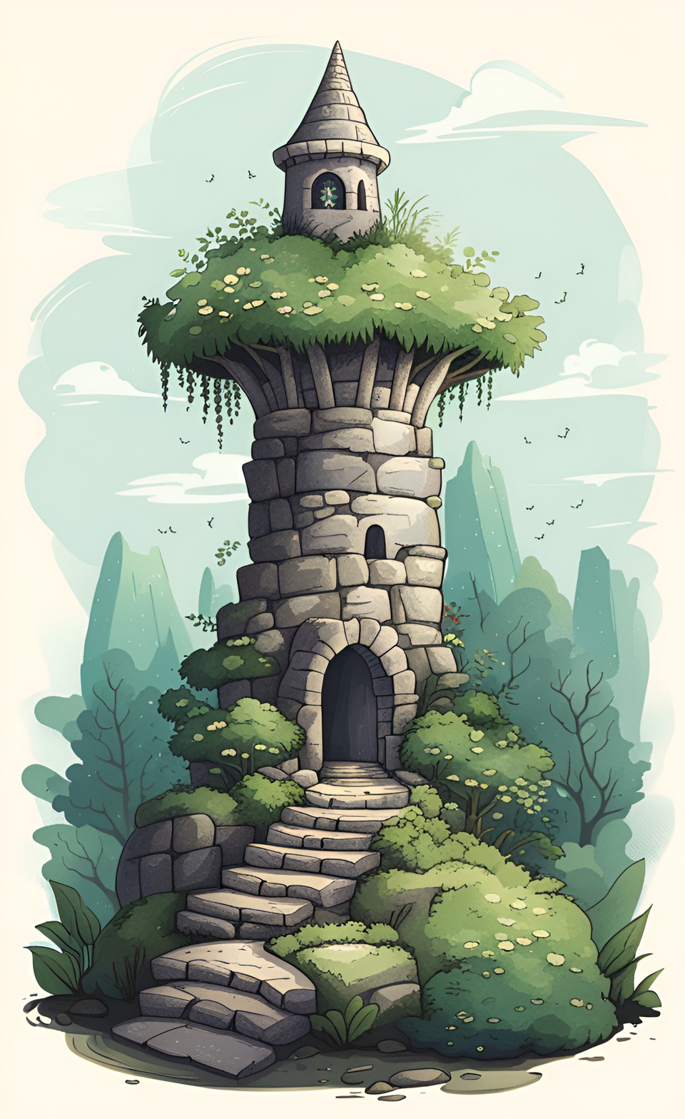 a simple illustration of a magical stone tower, surrounded by greenery; fantasy drawing style preview