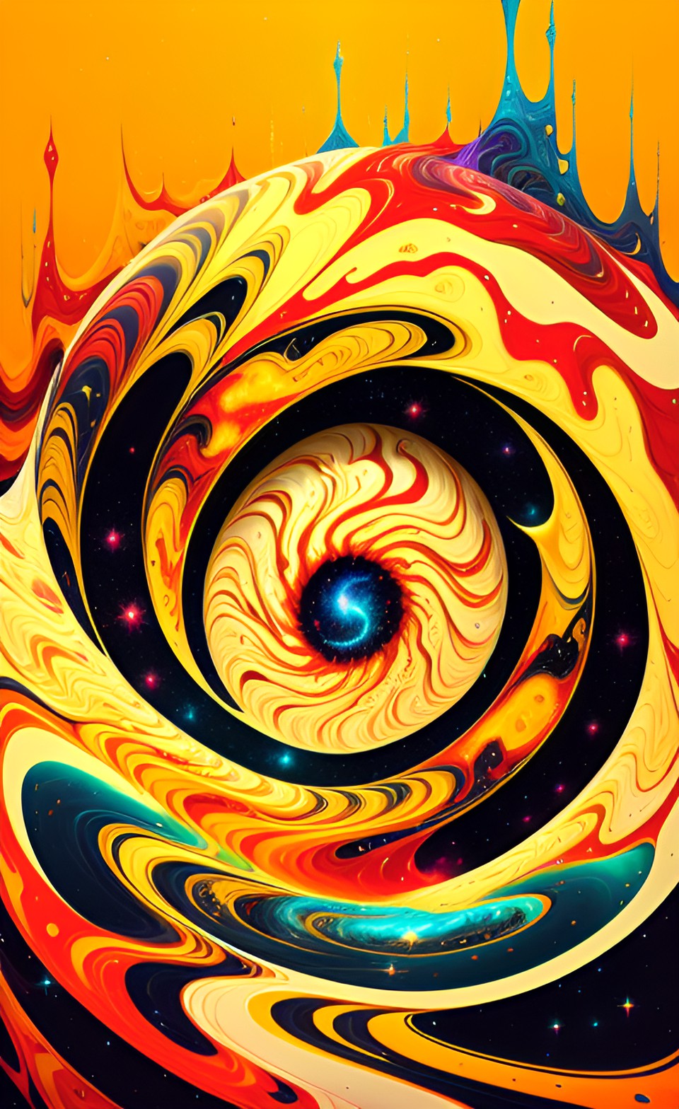 part 2 - large liquid galaxies, planet, red swirl, poster art, paper preview