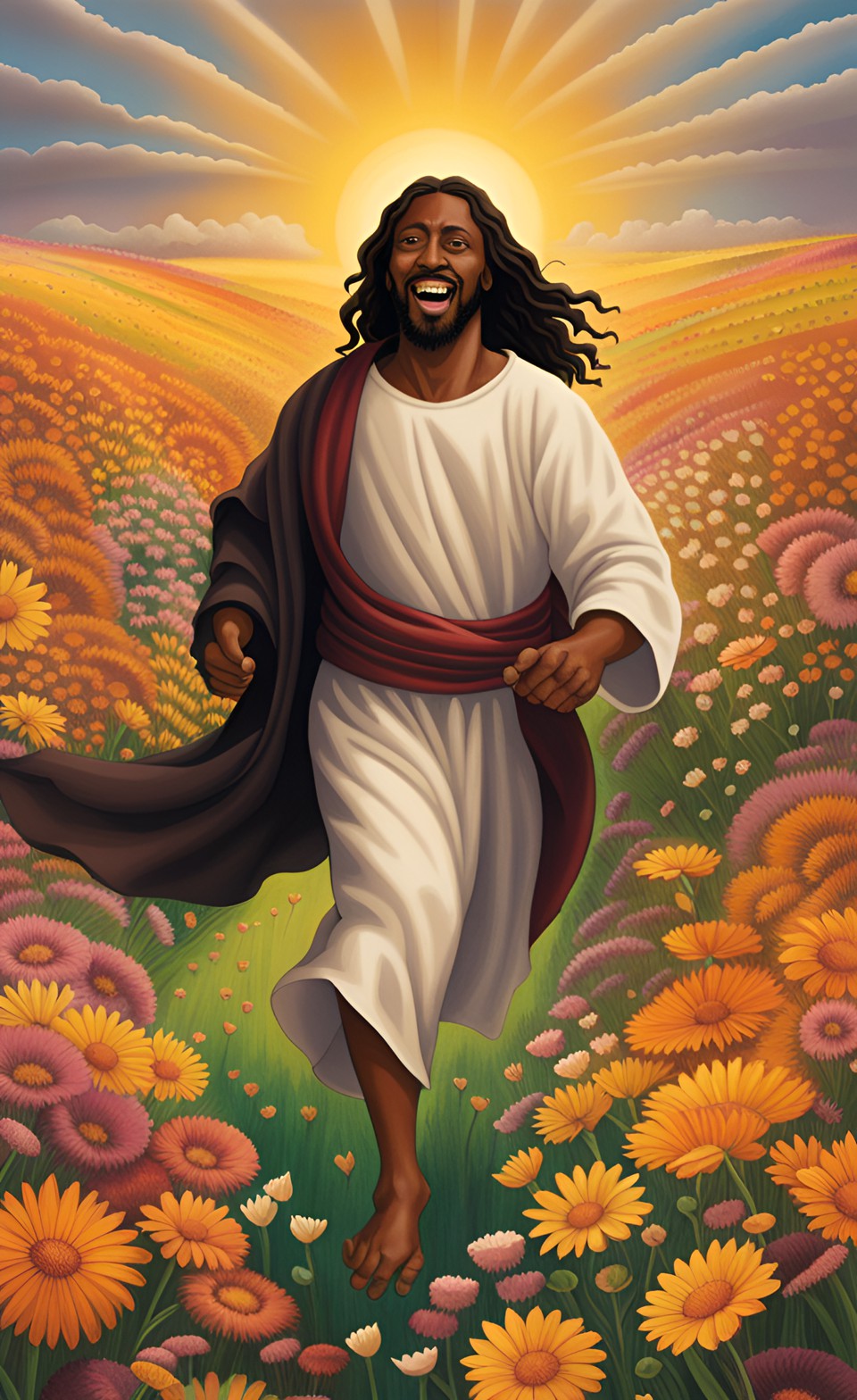 dark complexion jesus running through a field of flowers preview