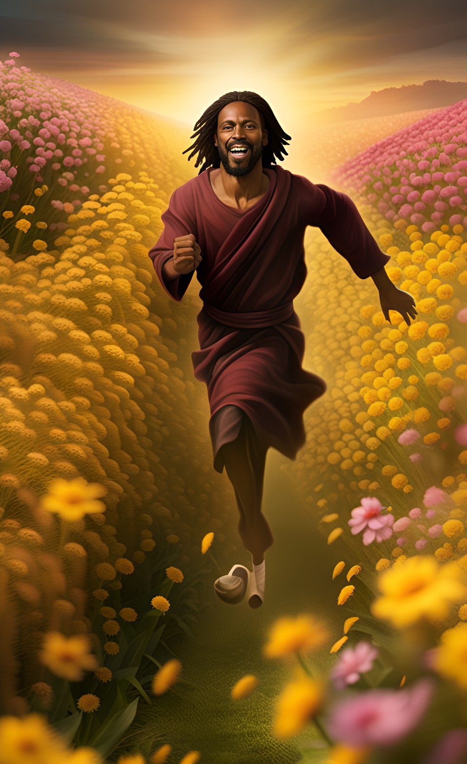 dark complexion jesus running through a field of flowers preview