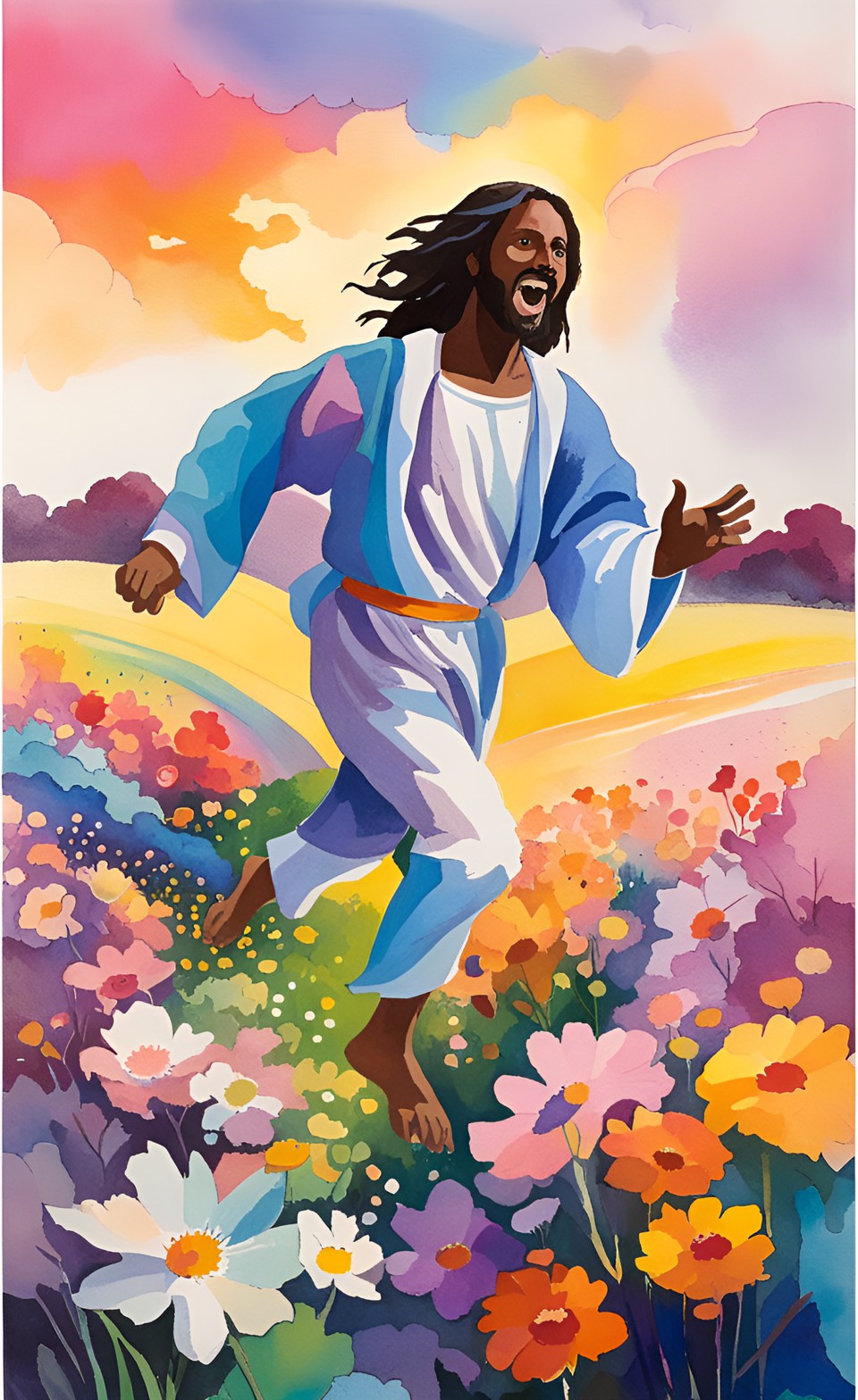 dark complexion jesus running through a field of flowers preview