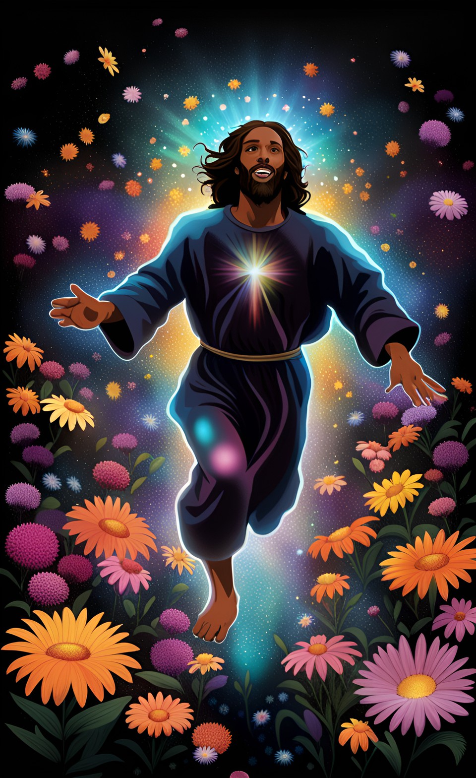 dark complexion jesus running through a field of flowers preview