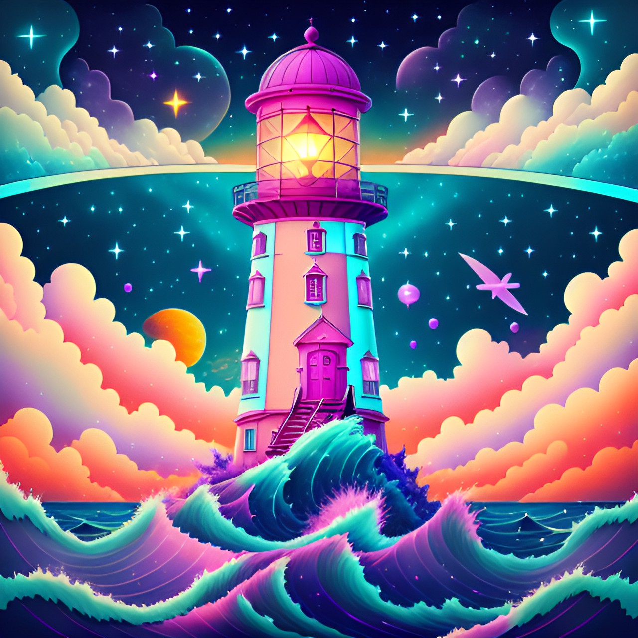 lighthouse in the middle of the sea, the sea has waves of blue and light blue and purple, the lighthouse is pink with a fuchsia roof and illuminates and illuminates from the left and right sides, in the background there are a kind of clouds of various colors, there are stars too preview